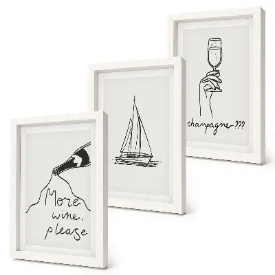Wine sailboat champagne glass linear style framed triptych