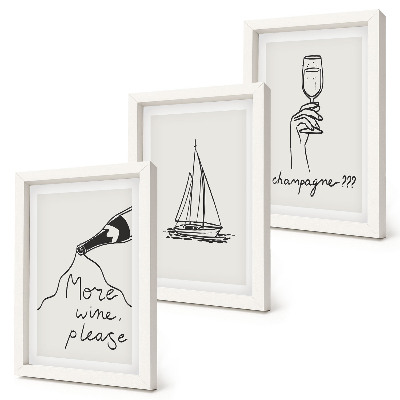 Framed triptych Wine sailboat champagne glass linear style