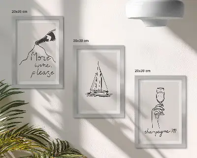 Wine sailboat champagne glass linear style framed triptych