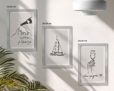 Framed triptych Wine sailboat champagne glass linear style