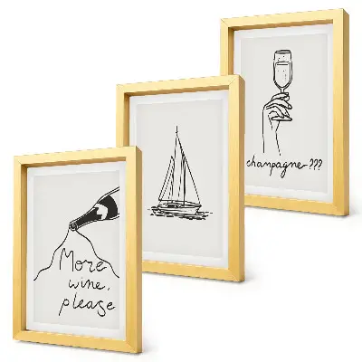 Wine sailboat champagne glass linear style framed triptych