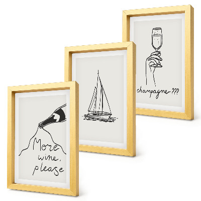 Framed triptych Wine sailboat champagne glass linear style