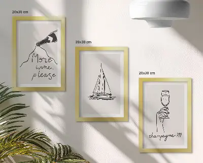 Wine sailboat champagne glass linear style framed triptych