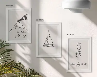Wine sailboat champagne glass linear style framed triptych