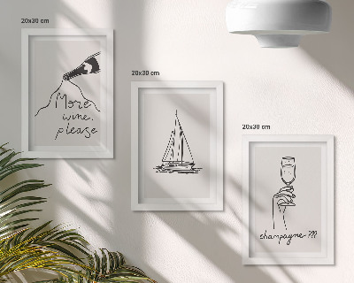 Framed triptych Wine sailboat champagne glass linear style