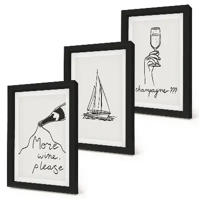 Wine sailboat champagne glass linear style framed triptych