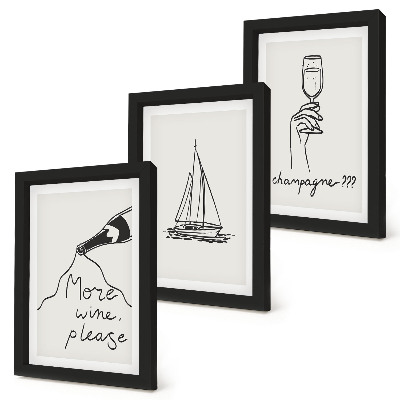 Framed triptych Wine sailboat champagne glass linear style