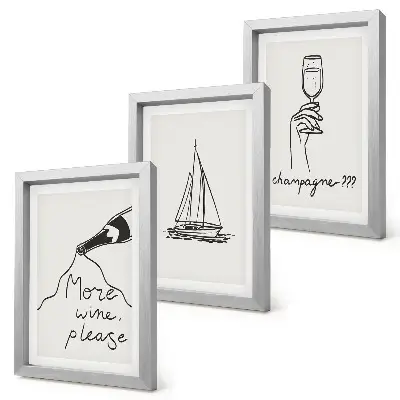 Wine sailboat champagne glass linear style framed triptych