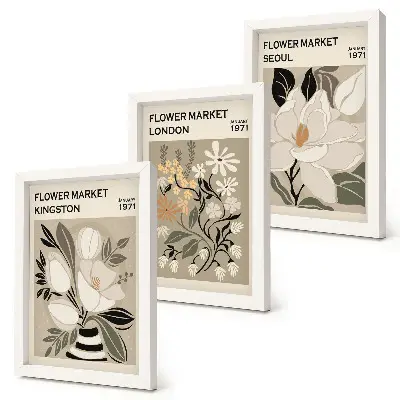 Photo frame wall with retro flower prints from different cities around the world