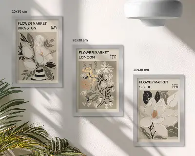 Photo frame wall with retro flower prints from different cities around the world