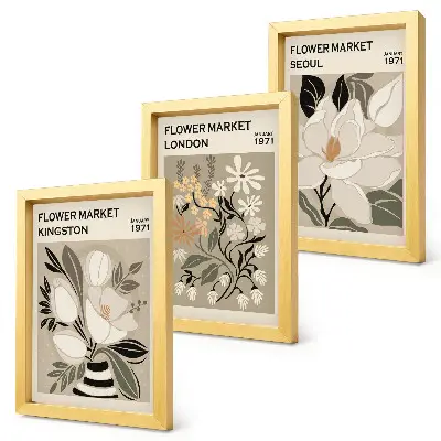 Photo frame wall with retro flower prints from different cities around the world