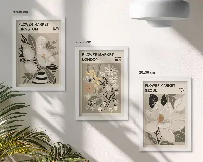 Photo frame wall with retro flower prints from different cities around the world