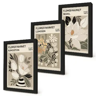 Photo frame wall with retro flower prints from different cities around the world