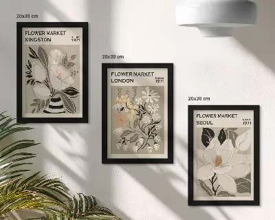 Photo frame wall with retro flower prints from different cities around the world