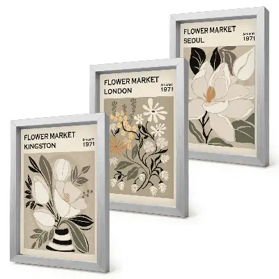 Photo frame wall with retro flower prints from different cities around the world