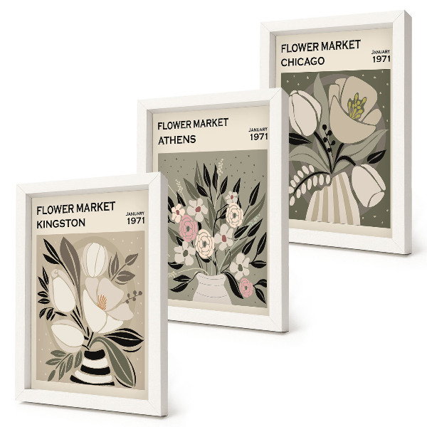 Framed triptych Retro-style floral arrangements from various cities