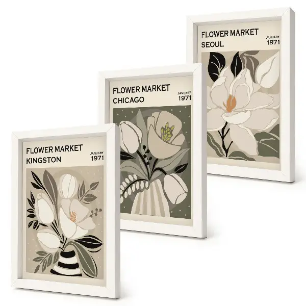 Photo frame wall featuring flowers from the Kingston, Chicago, and Seoul markets in a retro style