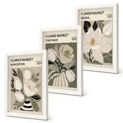 Photo frame wall featuring flowers from the Kingston, Chicago, and Seoul markets in a retro style