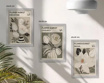 Photo frame wall featuring flowers from the Kingston, Chicago, and Seoul markets in a retro style