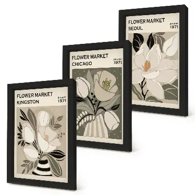 Photo frame wall featuring flowers from the Kingston, Chicago, and Seoul markets in a retro style