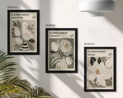Photo frame wall featuring flowers from the Kingston, Chicago, and Seoul markets in a retro style