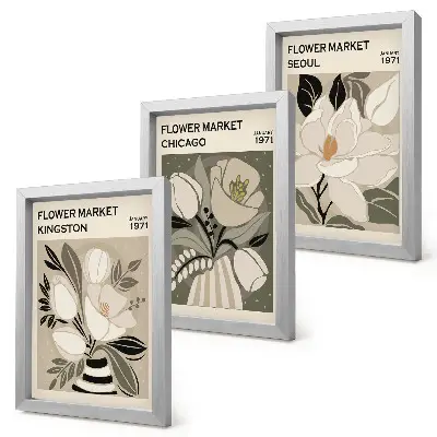 Photo frame wall featuring flowers from the Kingston, Chicago, and Seoul markets in a retro style