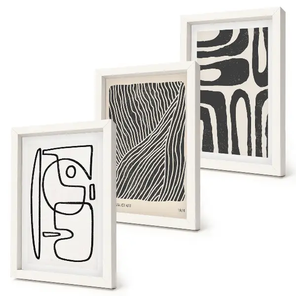 Abstract patterns with lines and textures framed triptych on a light background