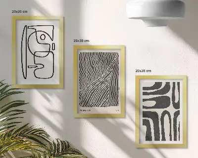 Abstract patterns with lines and textures framed triptych on a light background