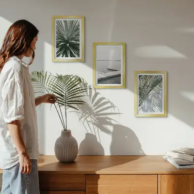 Photo frame wall palm leaves plant and wooden bridge motif