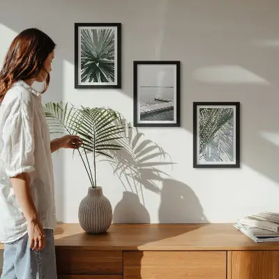 Photo frame wall palm leaves plant and wooden bridge motif