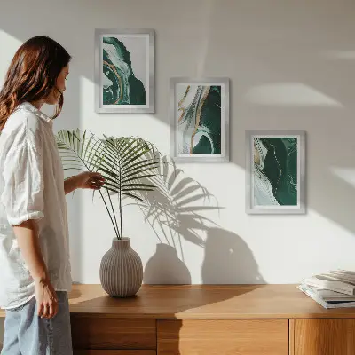 3-piece wall art set with abstract paint patterns in green and white