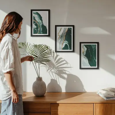 3-piece wall art set with abstract paint patterns in green and white