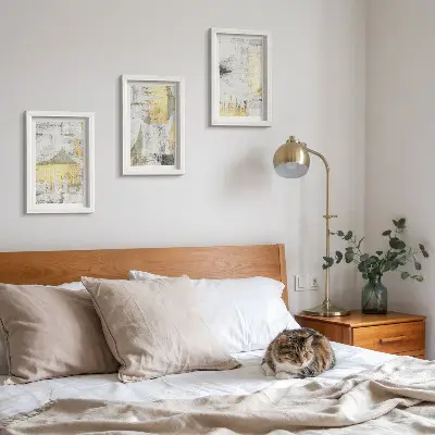 Photo frame wall with abstract minimalist painting patterns