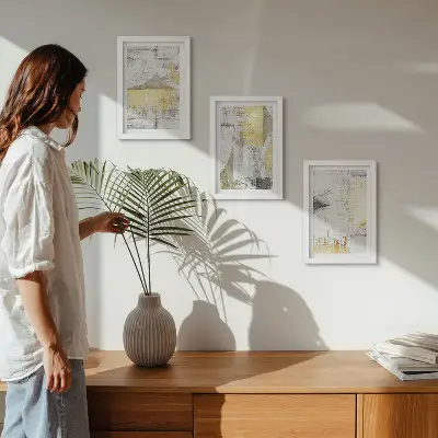 Photo frame wall with abstract minimalist painting patterns