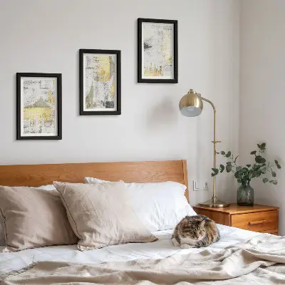 Photo frame wall with abstract minimalist painting patterns