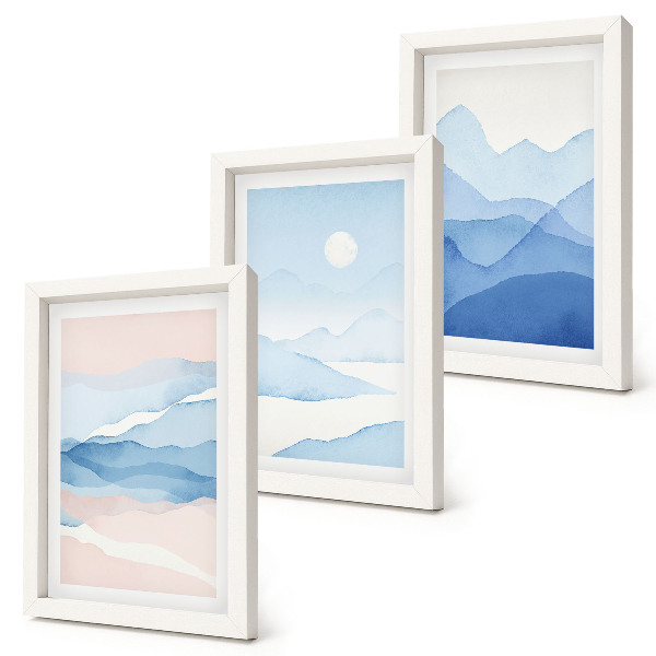 3-piece wall art set Blue and pink mountain landscapes in watercolor
