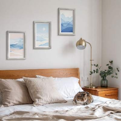 3-piece wall art set Blue and pink mountain landscapes in watercolor