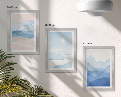 3-piece wall art set Blue and pink mountain landscapes in watercolor