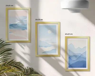 3-piece wall art set blue and pink watercolor mountain landscapes