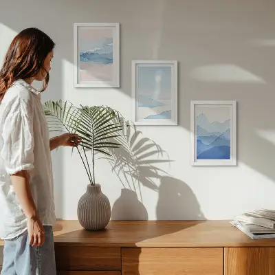 3-piece wall art set blue and pink watercolor mountain landscapes