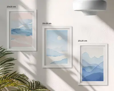 3-piece wall art set blue and pink watercolor mountain landscapes