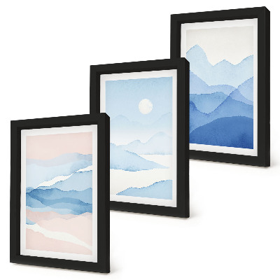3-piece wall art set Blue and pink mountain landscapes in watercolor
