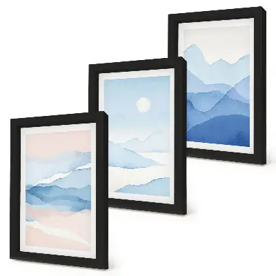 3-piece wall art set blue and pink watercolor mountain landscapes