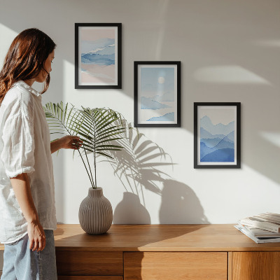 3-piece wall art set Blue and pink mountain landscapes in watercolor
