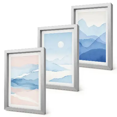 3-piece wall art set blue and pink watercolor mountain landscapes