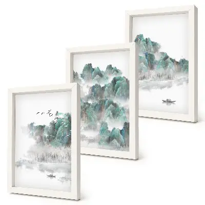 Framed triptych mountains in the clouds with birds and a boat on the water in Japandi style