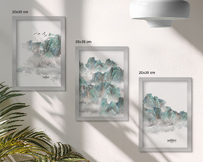 Framed triptych Mountains in the clouds with birds and a boat on the water japandi