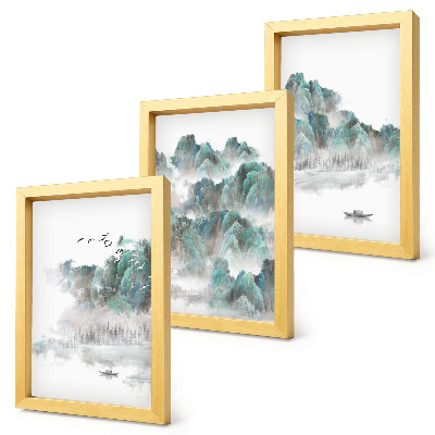 Framed triptych Mountains in the clouds with birds and a boat on the water japandi