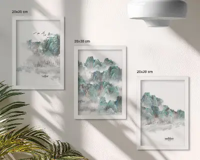 Framed triptych mountains in the clouds with birds and a boat on the water in Japandi style