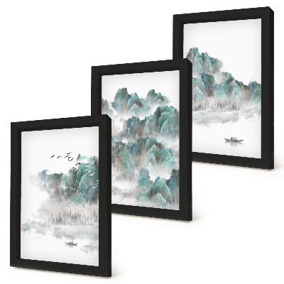 Framed triptych Mountains in the clouds with birds and a boat on the water japandi